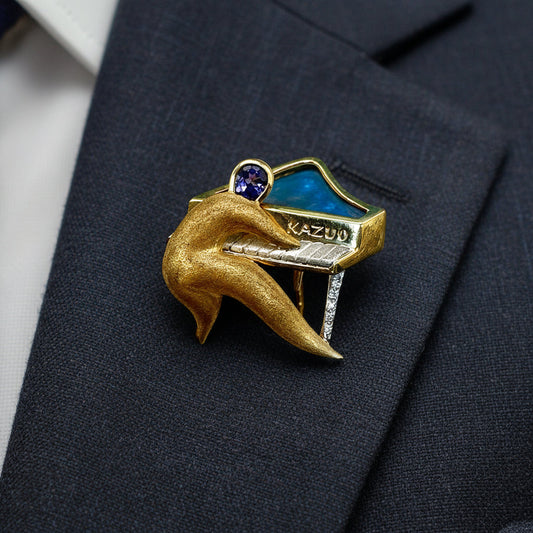 Designer Kazuo Ogana Diamond and Tanzanite Platinum and 18kt Yellow Gold Piano Pendant/Brooch