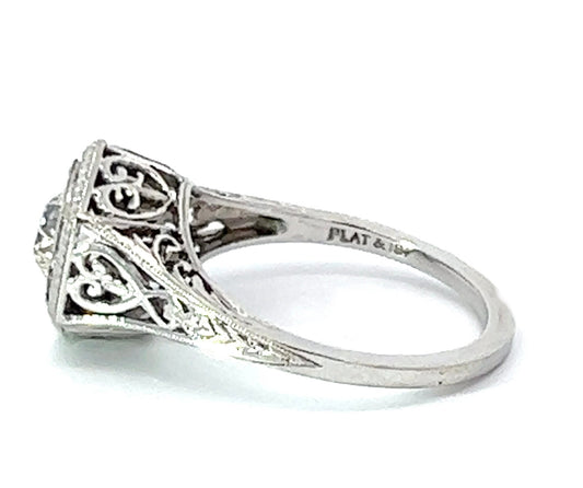 Estate Art Deco .67 ct Old European Cut Diamond Filigree Platinum Ring 14281