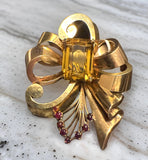 Estate Retro 1940's 30 ct Citrine and Ruby 14K Yellow/Rose Gold Brooch 15330