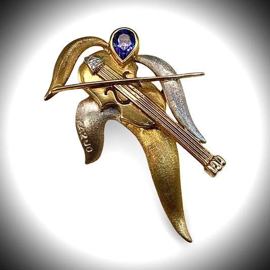 Designer Kazuo Ogana Diamond and Tanzanite Platinum and 18kt Yellow Gold Violin Pendant/Brooch