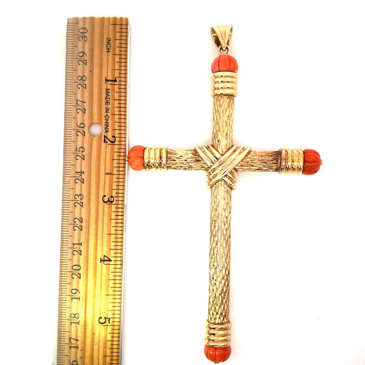 Estate "The Italian Holy Grail Coral Cross" 14K Yellow Gold Pendant 5" Inches Long 14294