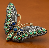 Estate Sapphire Emerald Diamond 14K Yellow Gold Silver Top Butterfly Brooch/Pendant 15337
