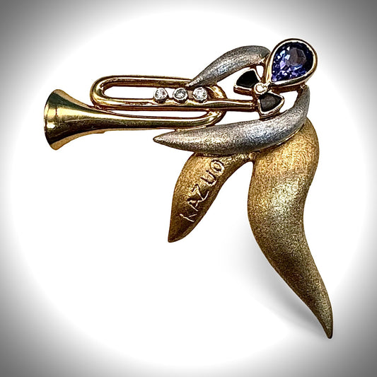 Designer Kazuo Ogana diamond, Tanzanite and Black Enamel Platinum and 18kt Yellow Gold Pendant/Brooch