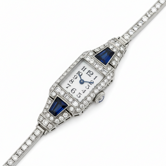 Art Deco Diamond and Burma Sapphire Platinum Watch
