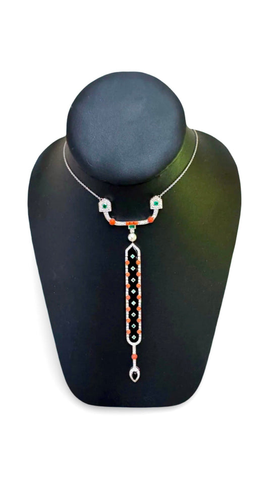 Art Deco Style Diamond, Coral, Emerald, Pearl and Onyx 18K White Gold Necklace