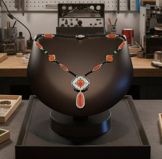 Coral Diamond Onyx Emerald 18k White Gold Necklace