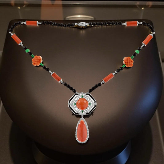Art Deco Style Coral Diamond Onyx Emerald 18k White Gold Necklace