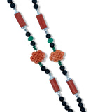 Art Deco Style Coral Diamond Onyx Emerald 18k White Gold Necklace