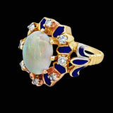 Estate Opal, Diamond and Blue Enamel 14K Yellow Gold Ring