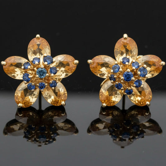 Italian Citrine, Sapphire Floral 18Kt Yellow Gold Earring