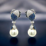 15.76-15.88mm South Sea Pearl, Diamond, Sapphire and 18K White Gold Dangle Earrings