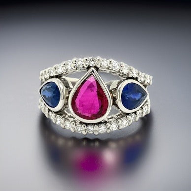 Estate Blue Sapphire Ruby Platinum Diamond Ring 13122