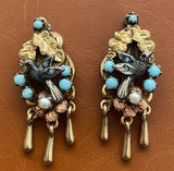 Victorian Revival Turquoise, Cultured Pearl 14K Yellow/Rose Gold and Pewter Pendant, Brooch and Earring Set