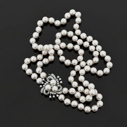 Vintage 1940's 7.5mm Japanese Akoya Cultured Pearl and Diamond 14K White Gold Necklace