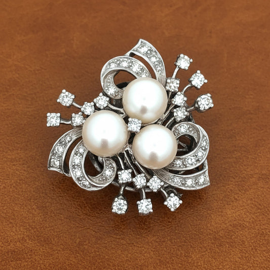 Vintage 1940's 7.5mm Japanese Akoya Cultured Pearl and Diamond 14K White Gold Necklace