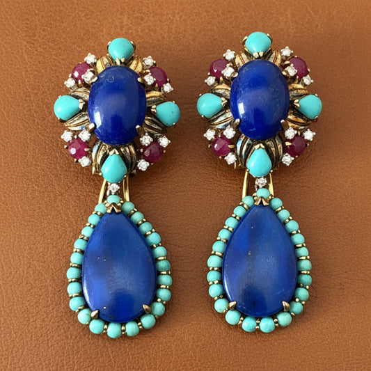 Vintage 1960's Lapis, Turquoise, Diamond, Ruby 14K Yellow/White Gold Detachable Dangle Earrings