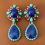 Vintage 1960's Lapis, Turquoise, Diamond, Ruby 14K Yellow/White Gold Detachable Dangle Earrings