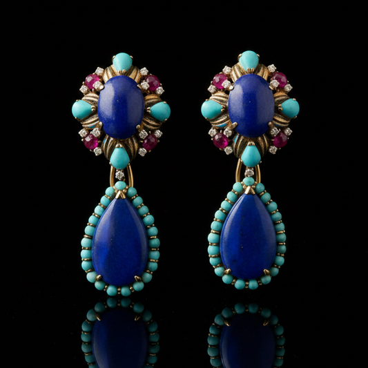 Vintage 1960's Lapis, Turquoise, Diamond, Ruby 14K Yellow/White Gold Detachable Dangle Earrings