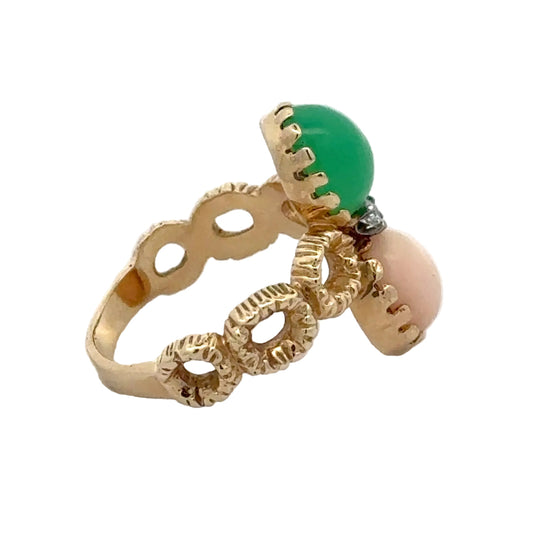 Vintage Italian Diamond Angel Skin Coral and Jade 14K Yellow Gold Ring
