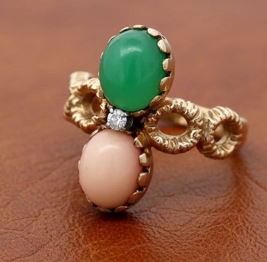 Vintage Italian Diamond Angel Skin Coral and Jade 14K Yellow Gold Ring