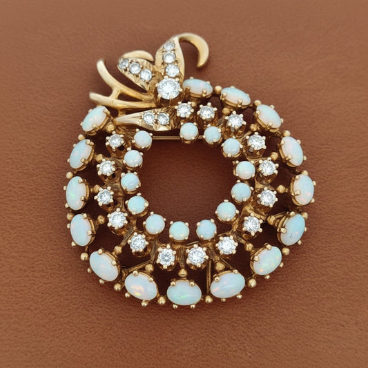 Vintage Opal and Diamond Wreath 14K Yellow Gold Pendant/Brooch