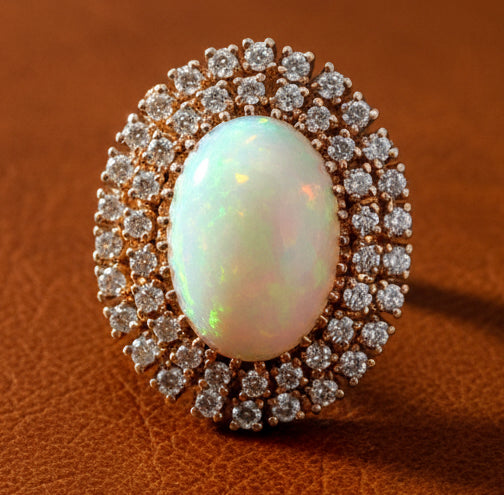Vintage 1980's Opal and Diamond 14K Yellow Gold Ring