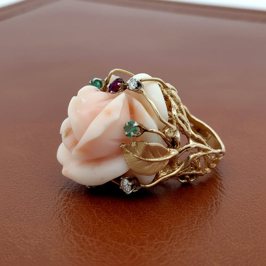 Vintage One of a Kind Angel Skin Coral, Diamond, Emerald, Ruby 14K Yellow Gold Ring