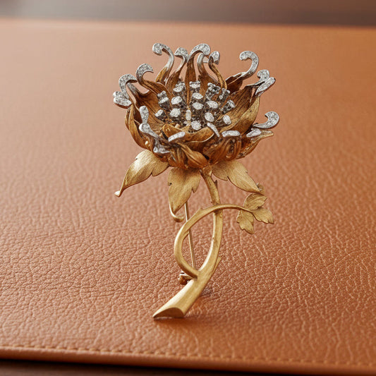 Vintage Italian "En Tremblant" Moving Petals Diamond and 14k/18k Yellow/White Gold Flower Brooch