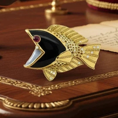 Modern Custom Made In Vicenza, Italy Onyx, Ruby, Diamond 18k Yellow Gold Pendant/Brooch