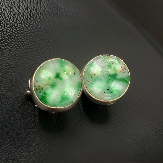 Estate Carved Jade & 14K Yellow Gold Cuff Links 30mm 13776