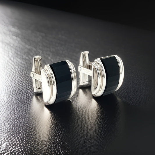 New Designer Colbri Faceted Onyx 14K White Gold Cuff Links 13772