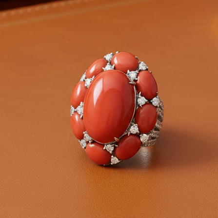 Coral and Diamond 18K White Gold Ring