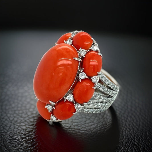 Estate Italian Bold Coral Diamond Ring 13637