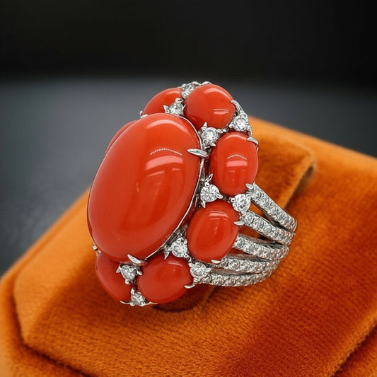 Coral and Diamond 18K White Gold Ring
