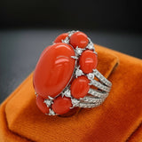 Coral and Diamond 18K White Gold Ring