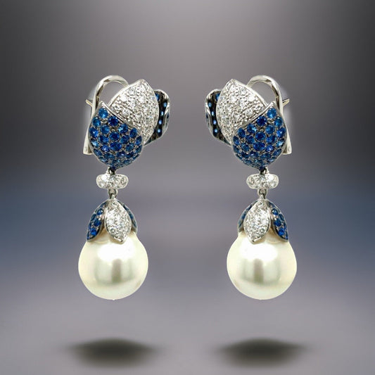 Estate 15.76 mm South Sea Pearl 2.68 cttw Diamond 7.90 cttw Sapphire Dangle Earrings 13281