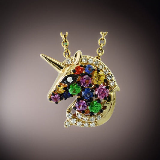 E.H. Collection .33 cttw Multicolor Sapphire/Tsavorite and Diamond Unicorn Pendant with Chain 12927