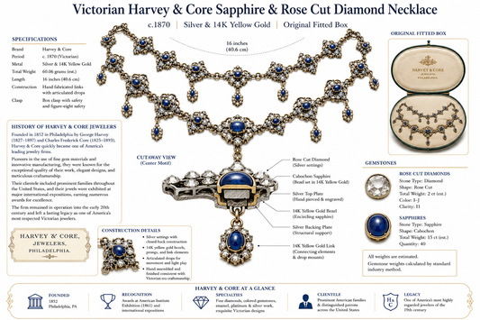 Victorian Harvey & Core Sapphire & Rose Cut Diamond Silver/14K Gold Necklace with Original Fitted Box