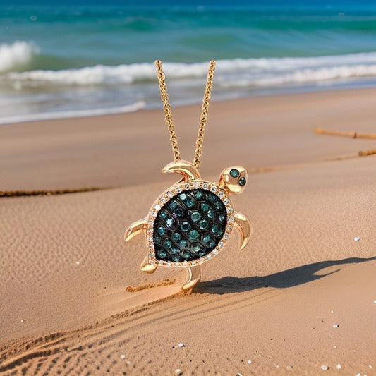 E.H. Collection 14K Rose Gold White and Blue Diamons Turtle Pendant With Chain 12464