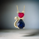 E.H. Collection Sapphire, Ruby and Diamond Cat Pendant With Chain 12111