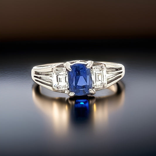 Estate 1.17 ct Sapphire and Diamond Three Stone Platinum Ring 11952