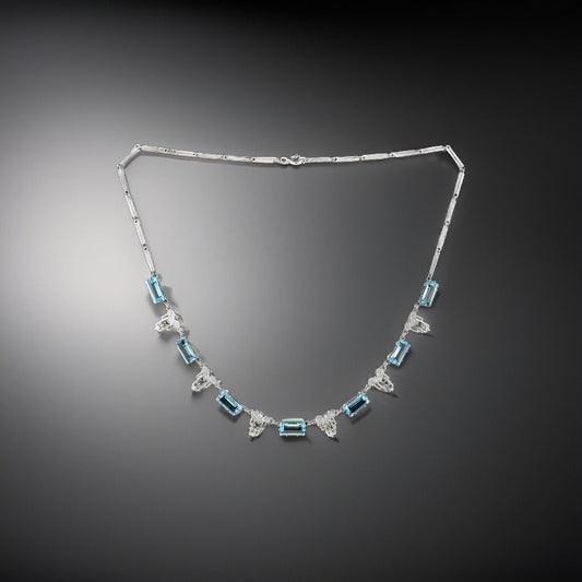 Aristocrat Art Deco Style Blue Topaz and Diamond 18K White Gold Necklace