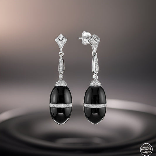 Art Deco Reproduction Aristocrat 28.46 cttw Onyx and Diamond Earrings 10719