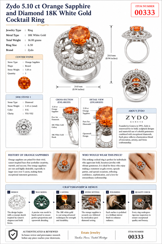 Zydo 5.10 ct Orange Sapphire and Diamond 18K White Gold Cocktail Ring