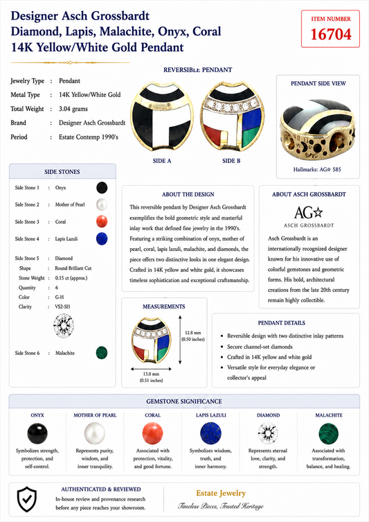 Designer Asch Grossbardt Diamond, Lapis, Malachite, Onyx, Coral  14K Yellow/White Gold Pendant