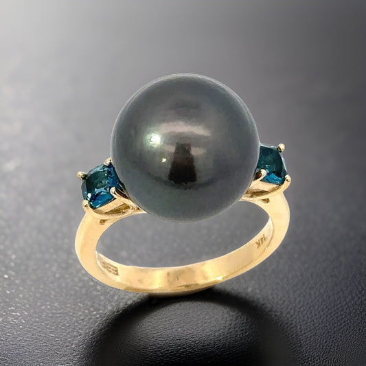 E.H. Collection London Blue Topaz & Black Tahitian Pearl Ring 14397