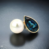 E.H. Collection London Blue Topaz & Fresh Water Pearl 14K Yellow Gold Ring 14399