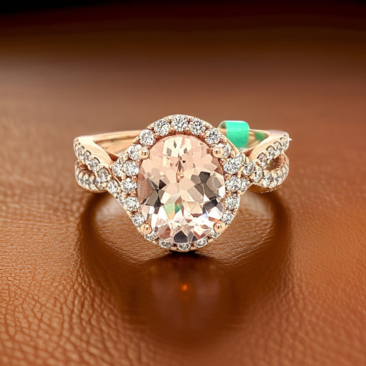 14K Rose Gold 2.30 ct Morganite and Diamond Halo Ring 03502