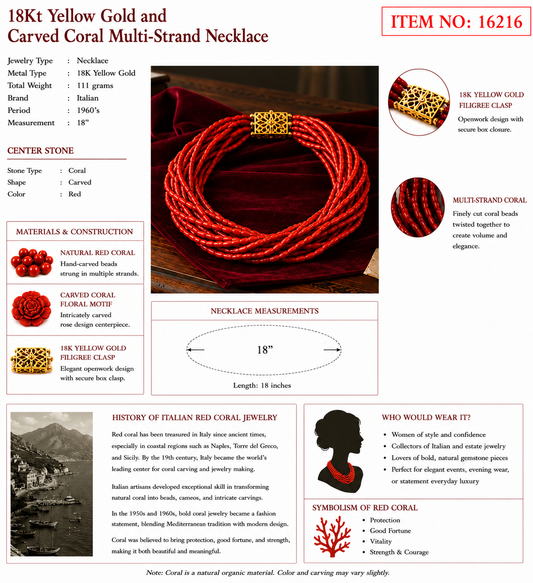 18Kt Yellow Gold and Carved Coral Multi Strand Necklace