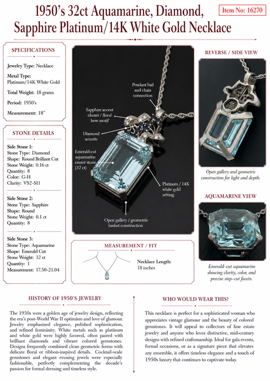 1950's 32ct Aquamarine, Diamond, Sapphire Platinum/14K White Gold Necklace